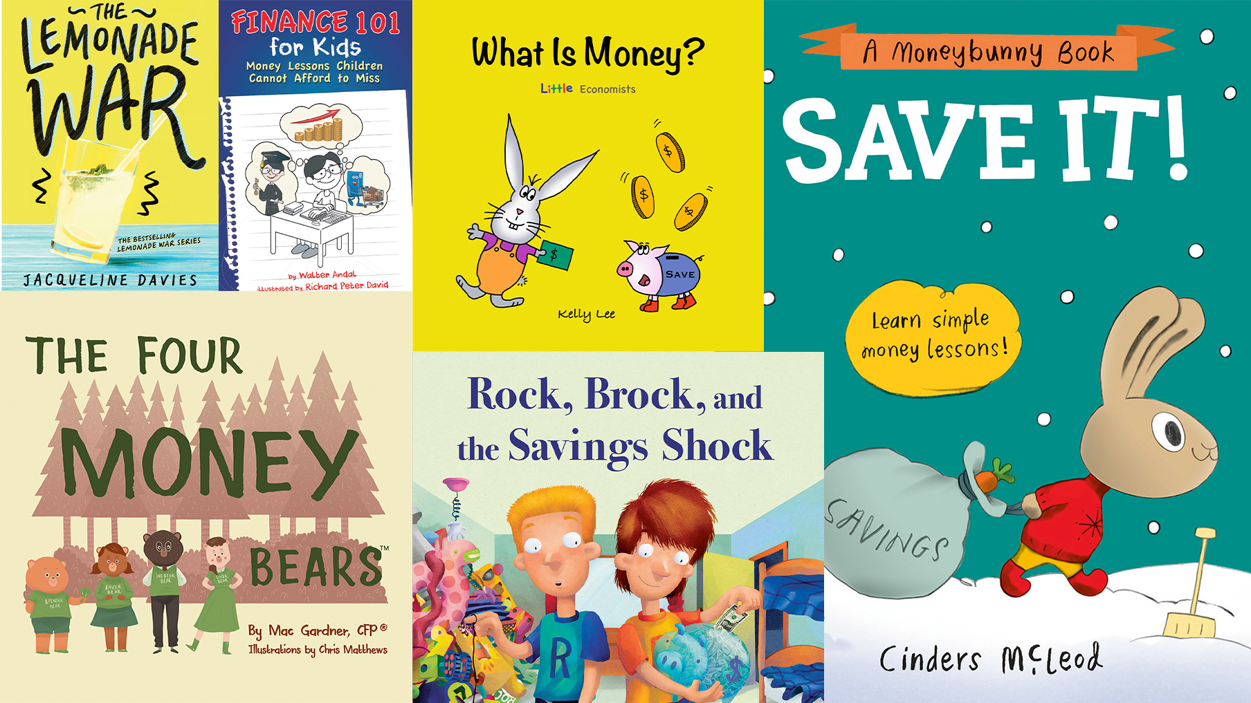A collection of children's book covers focussed on financial literacy